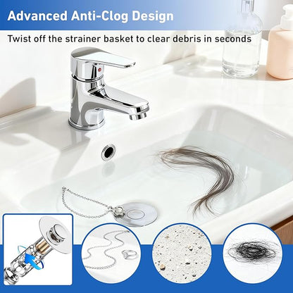 3 in 1 Bathroom Sink Stopper, Pop-up Bathroom Sink Drain Strainer with Removable Brass Basket Catcher, Easy to Clean Drain Catcher, Universal Sink Plug for 1.1 to 1.6in Drain Hole (2 Pack, Silver)