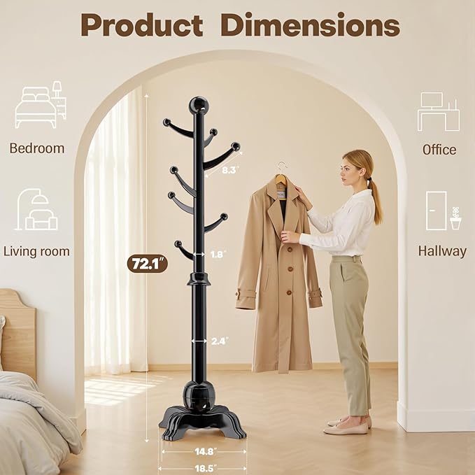 Hall Tree, Freestanding Wood Tree Rack with 7 Hooks, Coat Rack with Stable Sphere Base, Wooden Coat Rack Stand, Load 210 lb, Coat Hanger Stand for Entryway, Hallway, Bedroom (Black)