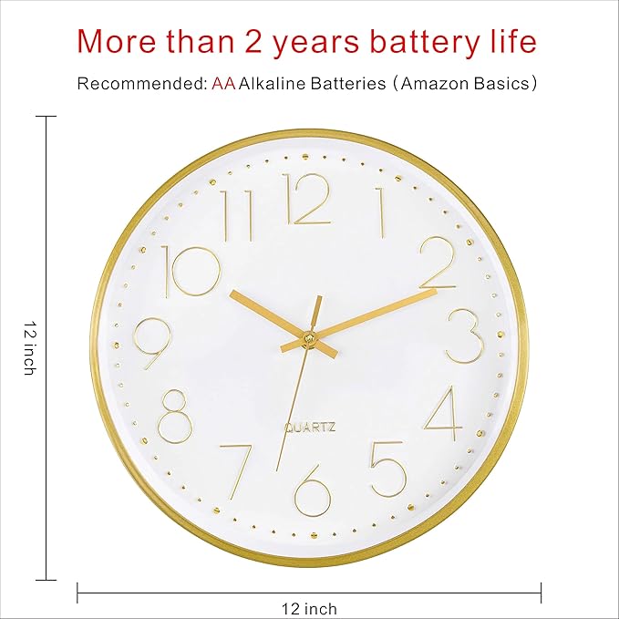 Foxtop Gold Wall Clock 12 Inch Silent Non-Ticking Battery Operated Round Quartz Modern Wall Clock for Office Living Room Kitchen Bedroom Home Decor