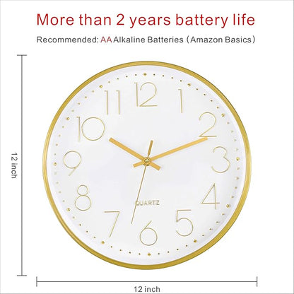 Foxtop Gold Wall Clock 12 Inch Silent Non-Ticking Battery Operated Round Quartz Modern Wall Clock for Office Living Room Kitchen Bedroom Home Decor
