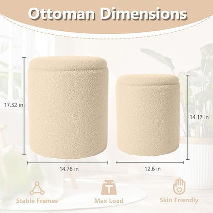 Royal Windsor Boucle Round Ottoman with Storage Set of 2,Small Foot Stool Ottoman for Living Room, Small Coffee Table,Vanity Stool with Storage for Bedroom, Beige