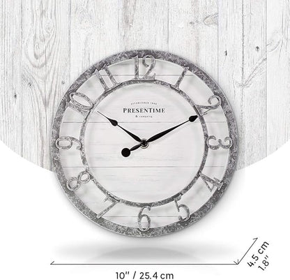 Presentime & Co 10" Farmhouse Series Wall Clock, Quartz Movement, Shiplap Style, Raised 3D Arabic Numeral, Galvanized Finish