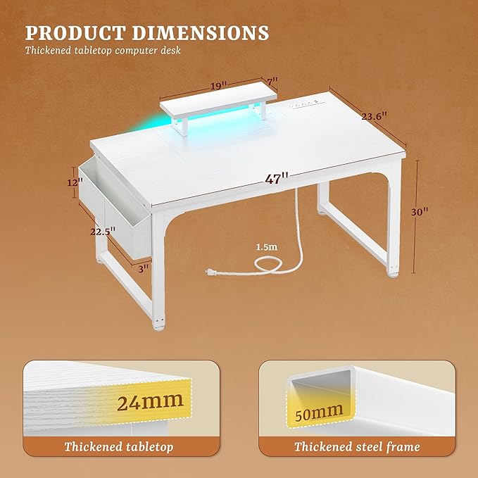 Computer Desk with Monitor Stand & 24mm Thicker Desktop,Gaming Desk with Power Outlets & LED Light,White Writing Desk for Home Office, Study, Bedroom, White