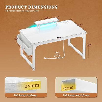 Computer Desk with Monitor Stand & 24mm Thicker Desktop,Gaming Desk with Power Outlets & LED Light,White Writing Desk for Home Office, Study, Bedroom, White