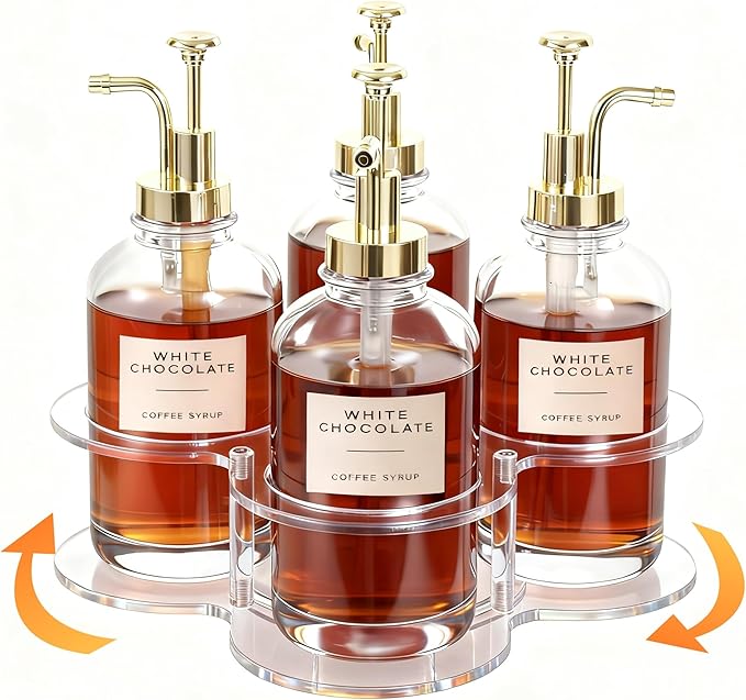 IEEK Rotating Coffee Syrup Organizer,Syrup Bottle Holder for Syrup Dispenser 16.9oz,Clear Acrylic Coffee Syrup Rack for Coffee Bar Station Countertop,Coffee Syrup Turntable Tray