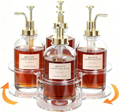 IEEK Rotating Coffee Syrup Organizer,Syrup Bottle Holder for Syrup Dispenser 16.9oz,Clear Acrylic Coffee Syrup Rack for Coffee Bar Station Countertop,Coffee Syrup Turntable Tray