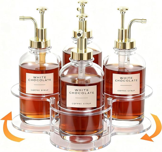 IEEK Rotating Coffee Syrup Organizer,Syrup Bottle Holder for Syrup Dispenser 16.9oz,Clear Acrylic Coffee Syrup Rack for Coffee Bar Station Countertop,Coffee Syrup Turntable Tray