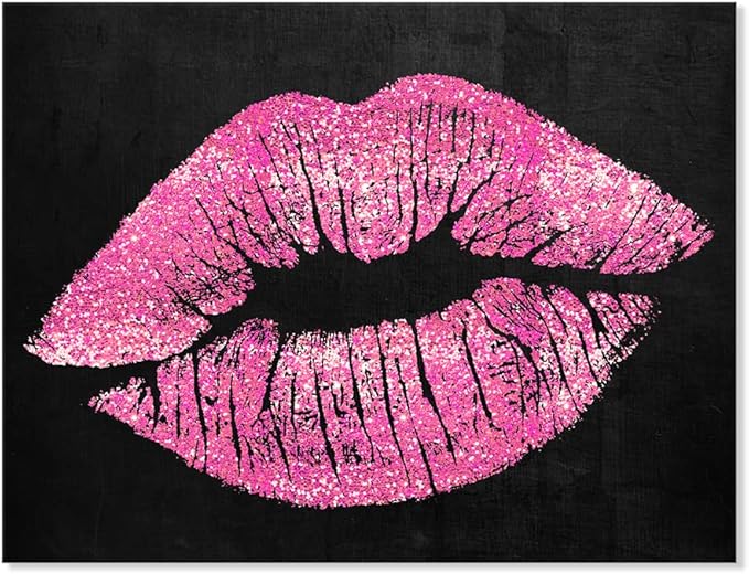 7CANVAS Black and Pink Lips Canvas Wall Art Fashion and Glam Poster Sexy Lip Picture Gallery Wrap for Bathroom Bedroom Makeup Room Wall Decor 24x18Inch