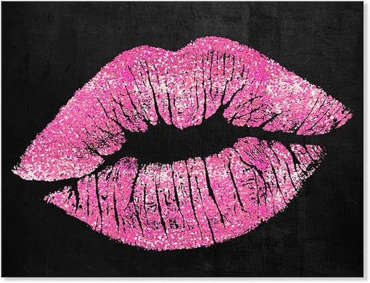 7CANVAS Black and Pink Lips Canvas Wall Art Fashion and Glam Poster Sexy Red Lip Picture Gallery Wrap for Bathroom Bedroom Makeup Room Wall Decor 16x12Inch
