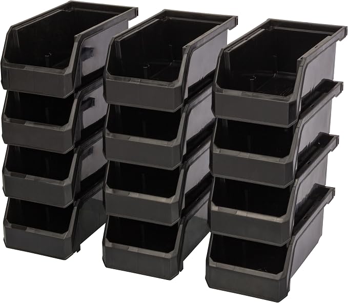 ReadySpace Plastic Containers for Organizing and Storage Bins for Drawers, Desks, Office Organization, and Garage, Stackable Bins, Small (3" x 7" x 4"), 12-Pack, Black
