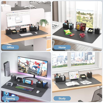 KDD Desk Pad and Magnetic Organizer Set - 5 in 1 Large Mouse Mat with Phone Stand, Cup Holder, Pen Holder, Storage Box & Card Case, Multifunction DIY Desktop Storage Accessories for Office and Home