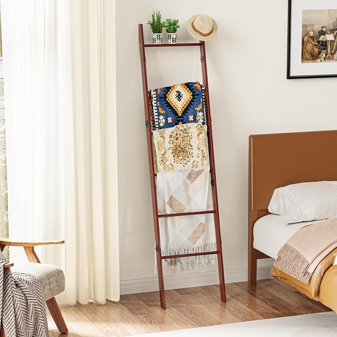 BAMBANG 6-Tier Blanket Ladder for Living Room, Blanket Quilt Ladder Rack Rustic Decorative Towel Holder, Wall Leaning Blanket Ladder Shelf Storage Farmhouse Decor for Bedroom Bathroom, Brown