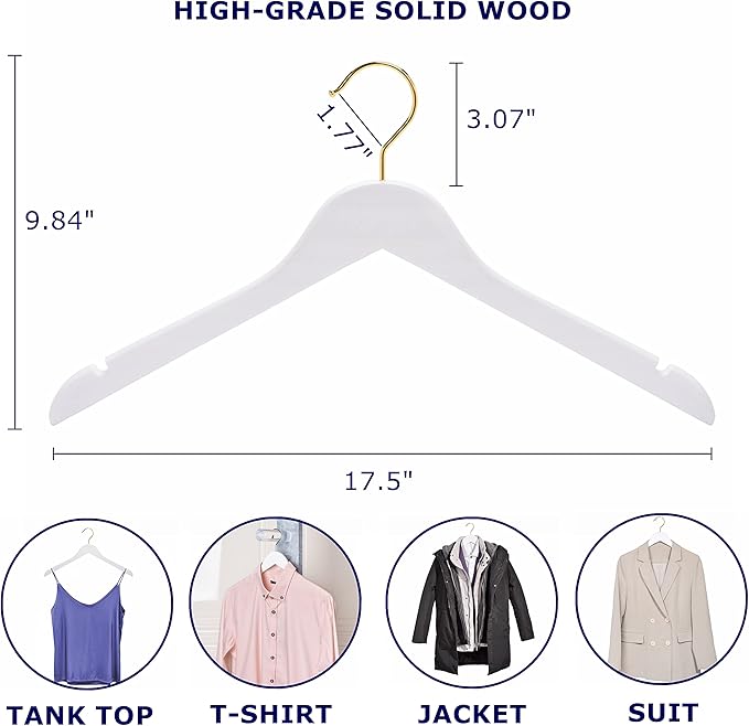 Amber Home 24 Pack White Wooden Hangers with Gold Hooks, White Wood Shirt Hangers with Notches for Dress, Coat, Bridal