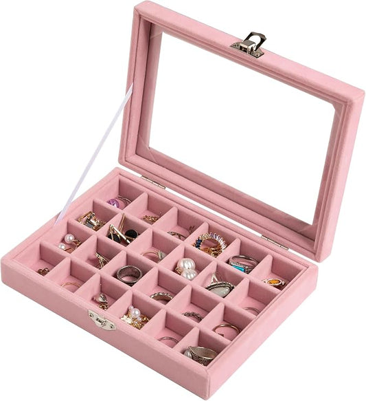 Frebeauty 24 Grid Jewelry Tray,Velvet Stud Earring Organizer,Small Jewelry Organizer with Clear Lid,Lockable Earring Holder Organizer Jewelry Boxes & Organizer Ring Holder for Women & Girls(Pink)