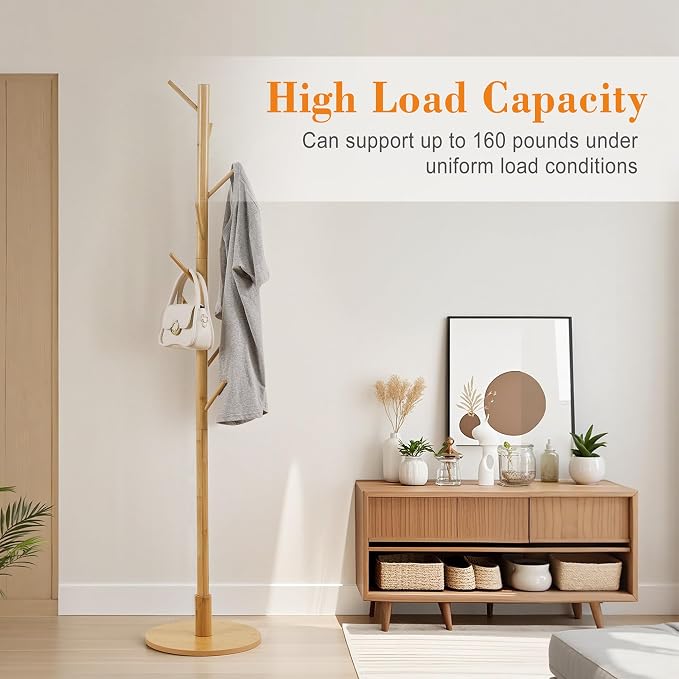 VECELO Coat Rack Freestanding, Entryway Hanger Stand, Umbrella Holder, Hall Tree With Hooks, Floor Standing Tree Stand,Light Wood