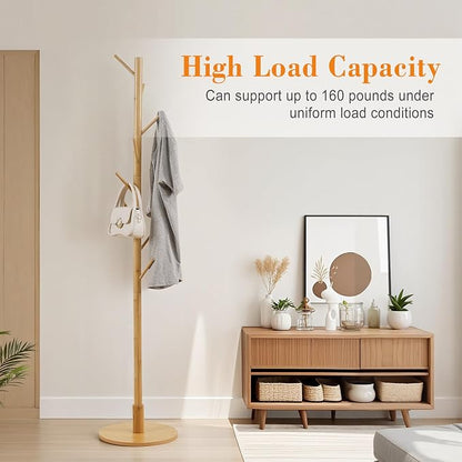 VECELO Coat Rack Freestanding, Entryway Hanger Stand, Umbrella Holder, Hall Tree With Hooks, Floor Standing Tree Stand,Light Wood