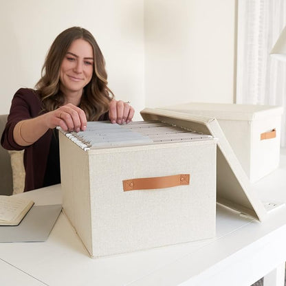 Decorative File Organizer Box Set of 2 - Collapsible Linen Filing Cabinets with Handles Are Perfect to Store All Your Documents & Hanging File Folders - Portable Easy Slide Office Crates with Lid