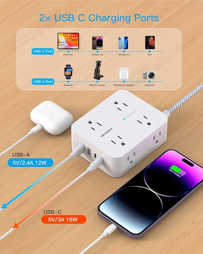 Extension Cord 25 Ft, HANYCONY 1080J Surge Protector Power Strip Long Cord with 8 AC Outlets and 4 USB Ports (2 USB-C), Wall Mount, Desk Charging Station for Home Office College Dorm Room Essentials