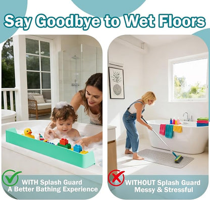 Bathtub Splash Guard for Tub Kids- 31" Extra Long Silicone Bath Play Shelf, Toy Tray & Caddy Holder, Prevent Water Spills & Messy Floors, Tub Edge Guard for Bathroom- Light Green