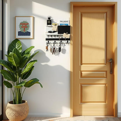 Key Holder for Wall Mount with Shelf and Mail Organizer, Key and Mail Holder with 16 Hooks, Farmhouse Entryway Organizer, Home Decor Rack (Pine Wood, White Washed)