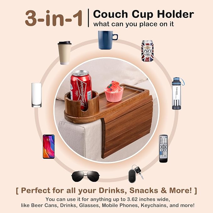 Couch Cup Holder for Armrests Over 4.9" Wide, Acacia Wood Couch Arm Tray with 360° Rotating Cup Holder, 3 in 1 Foldable Sofa Arm Tray Table for Remote, Snacks, Phone, Drinks