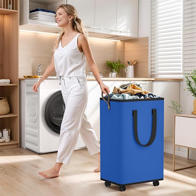 SpaceTrove Laundry Basket with Wheels, Collapsible Laundry Baskets, Laundry Hamper with Handles Detachable Wheels, Rolling Laundry Basket, Dirty Clothes Hamper for Bathroom, Dorm, Bedroom, Blue, 80L