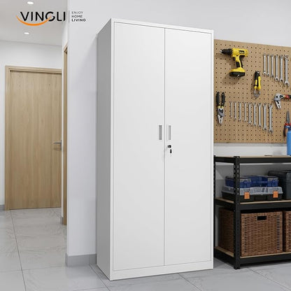 VINGLI Metal Garage Storage Cabinet with 2 Doors and 5 Adjustable Shelves, 71" Tall Steel Lockable File Cabinet, Locking Tool Cabinets for Home Office Garage Gym School (White)