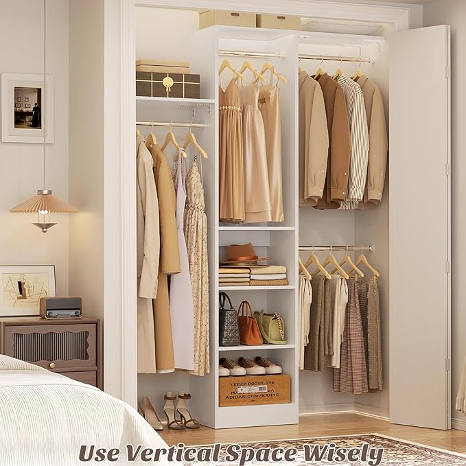 Cyclysio 4FT Small Closet System, 80"H Closet Organizer System with 4 Closets Rods & 3 Shelves, 48" Closets Organizers and Storage for Small Bedrooms, Laundry Rooms, Cloakrooms, White