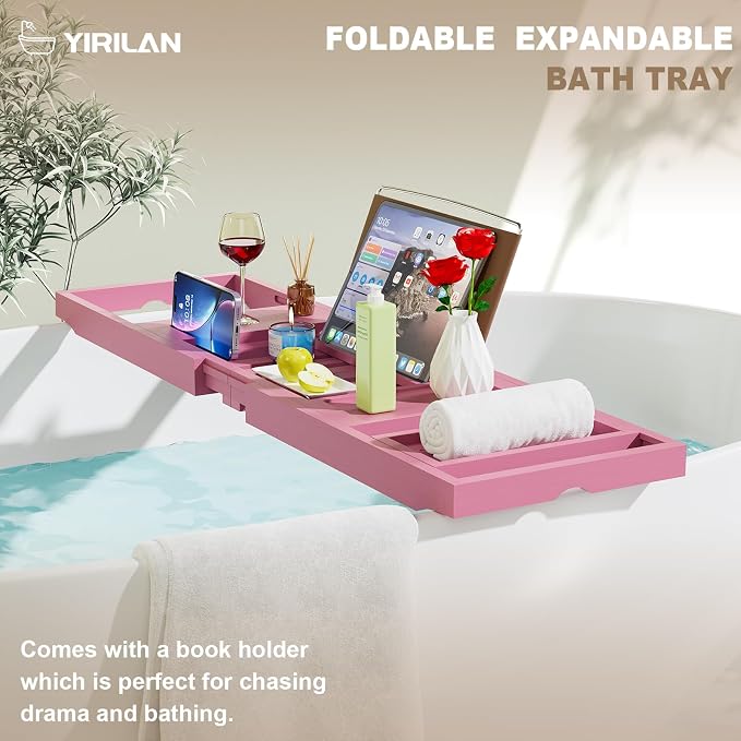 Foldable Bathtub Caddy, Expandable Bath Caddy Tray, Unique House Warming Gifts, New Home, Anniversary and Wedding Gifts for Couple, Pink