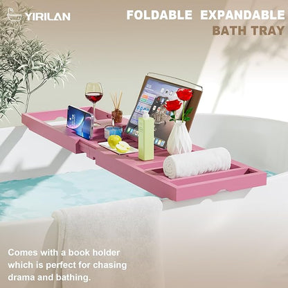 Foldable Bathtub Caddy, Expandable Bath Caddy Tray, Unique House Warming Gifts, New Home, Anniversary and Wedding Gifts for Couple, Pink