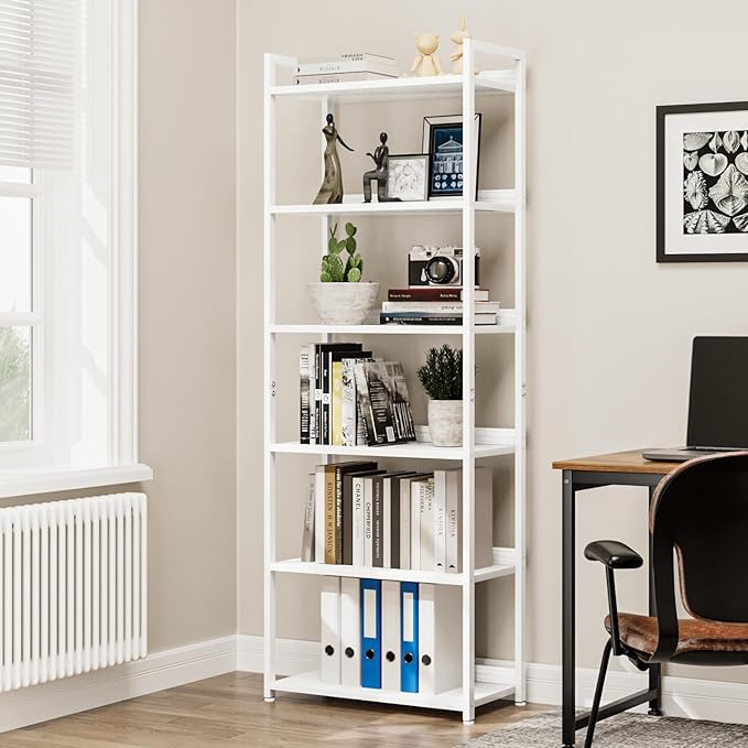 NUMENN Bookshelf, 6 Tier Bookshelves, Home Office Bookcase Shelf Storage Organizer, Free Standing Storage Shelving Unit for Bedroom, Living Room and Home Office, White