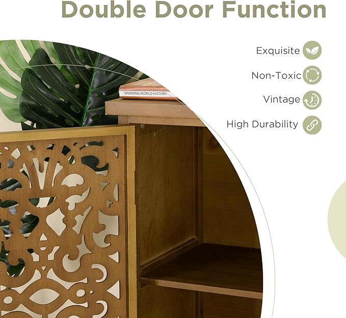 Sophia & William Accent Cabinet with Doors, Distressed Storage Cabinet with Wood Frame and Hollow-Carved Floral Doors for Entryway Living Room, Wood