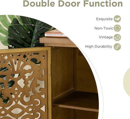Sophia & William Accent Cabinet with Doors, Distressed Storage Cabinet with Wood Frame and Hollow-Carved Floral Doors for Entryway Living Room, Wood