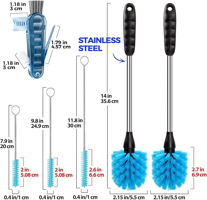Holikme 6 Pack Brush Set, 14" Long Handle Stainless Steel Cleaner, 3 Straw Brushes, 4-in-1 Cleaning Brush for Water and Baby Bottles Straws, Aqua