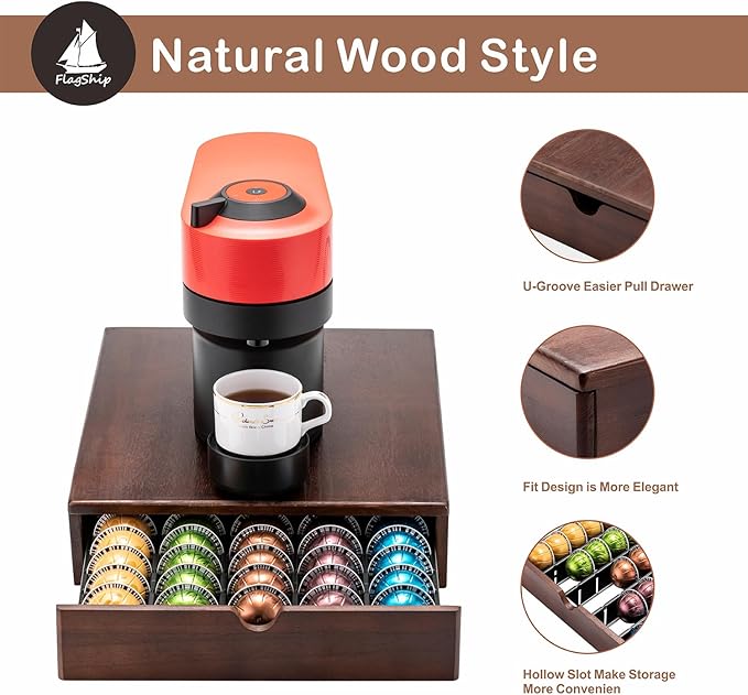 FlagShip Nespresso Vertuo Pod Drawer Storage - Elegant Wood Frame, 50 Pod Capacity