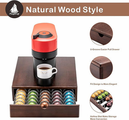 FlagShip Nespresso Vertuo Pod Drawer Storage - Elegant Wood Frame, 50 Pod Capacity