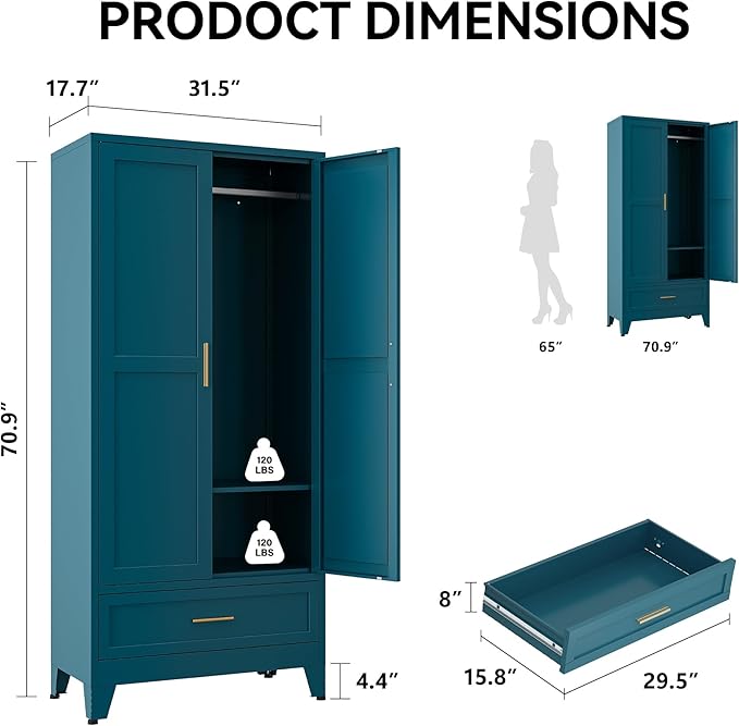 COFaR Metal Wardrobe Closet, 71" Armoire Cabinet with Drawer & Hanging Rod, Freestanding 2-Door Clothing Storage with Adjustable Shelf, Elegant Bedroom Organizer (Peacock Blue)