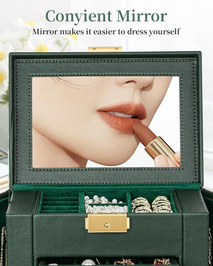 TORIBIO Jewelry Box for Women, Leather Jewelry Organizer with Mirror & Lock, 5-Tier Jewelry Storage Organizer with 4 Drawers for Girls/Women/Mothers, Necklace Earring Bracelets Holder Organizer