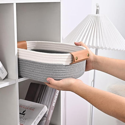 Storage Baskets for Organizing, Small Woven Basket Set of 6 - 4 Shelf Basket with Leather Handle and 2 Small Gift Baskets, Cotton Rope Basket for Shelves, Nursery, Dog Toy, Bathroom