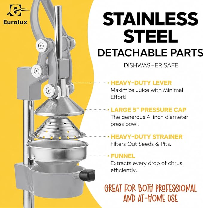 Eurolux Ultra-Premium Cast Iron Juicer | Extra-Large, Heavy Duty, Commercial Grade, Stainless Steel Manual Hand Press Citrus Squeezer For Fresh Orange Juice, Pomegranate, Lemon, and Much More (Gray)