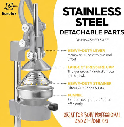 Eurolux Ultra-Premium Cast Iron Juicer | Extra-Large, Heavy Duty, Commercial Grade, Stainless Steel Manual Hand Press Citrus Squeezer For Fresh Orange Juice, Pomegranate, Lemon, and Much More (Gray)