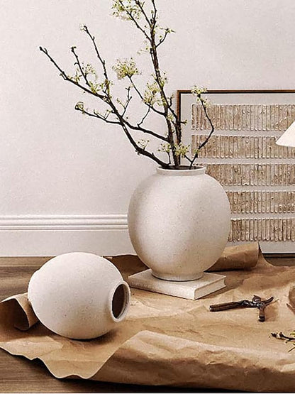 White Ceramic Vase - Large 13.5 Inch Round Floor Vase for Centerpieces, Farmhouse Flower Vases, Rustic Minimalist Home Decor (Sandstone White)