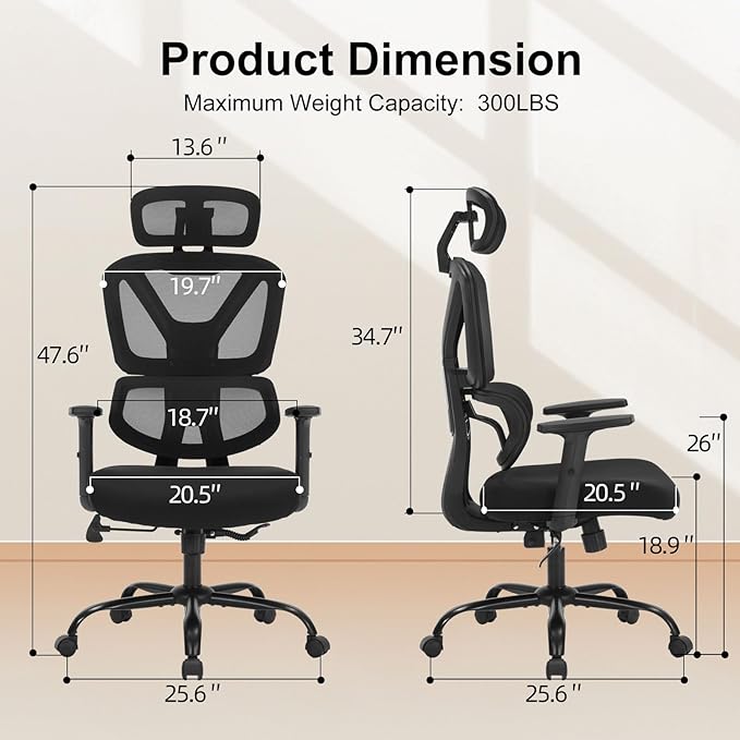 Home Office Chair, Ergonomic Desk Chair with Adjustable Height, Lumbar Support, High Back Mesh Computer Chair with Flip up Armrests, Task Chairs for Home Office - 300lb Executive Chairs (Black)