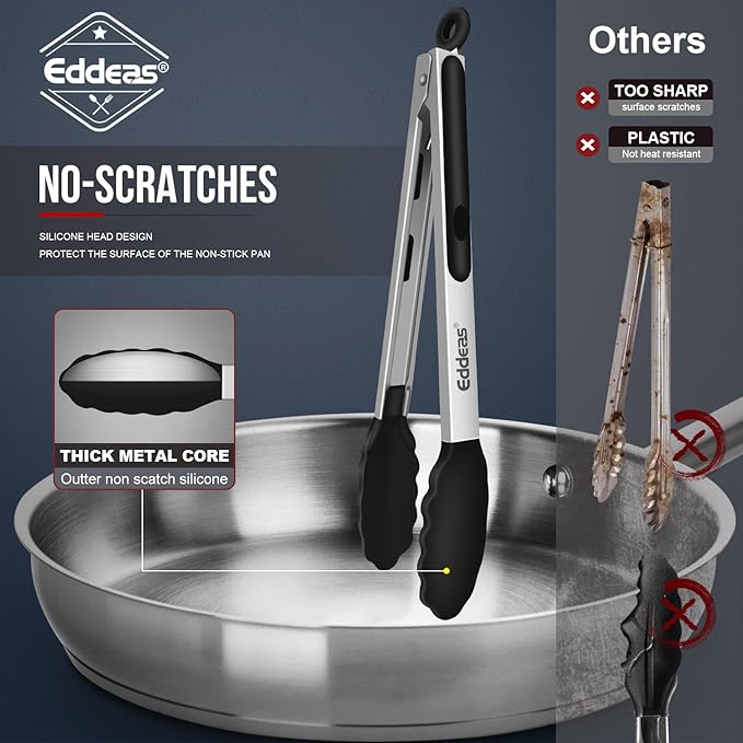 Eddeas Kitchen Tongs with Silicone Tips, Tongs for Cooking Heat Resistant 600 Degrees Stainless Steel Locking Tong - 7" 9" & 12 inch Silicone Tong Non-Stick, Black Set of 3