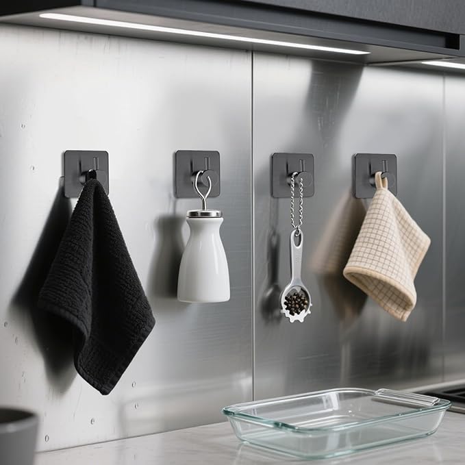 Black Adhesive Towel Hooks Heavy Duty Stick on Wall Hooks Shower Hooks for Bathroom Kitchen Door-4 Packs