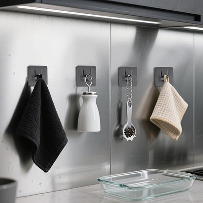 Black Adhesive Towel Hooks Heavy Duty Stick on Wall Hooks Shower Hooks for Bathroom Kitchen Door-4 Packs
