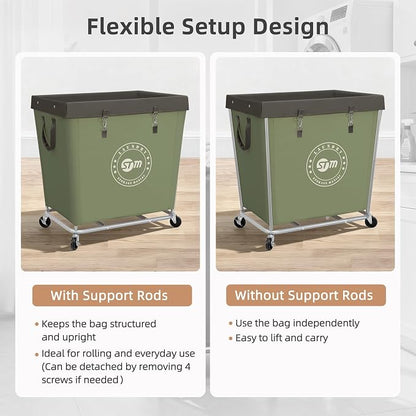 STORAGE MANIAC Commercial Laundry Hamper with Heavy Duty Steel Frame, 320 L Industrial Laundry Basket Cart with Wheels for Hotel, Home, Laundry Room, 31.7''L x 19.3''W x 30.91''H, Large Green