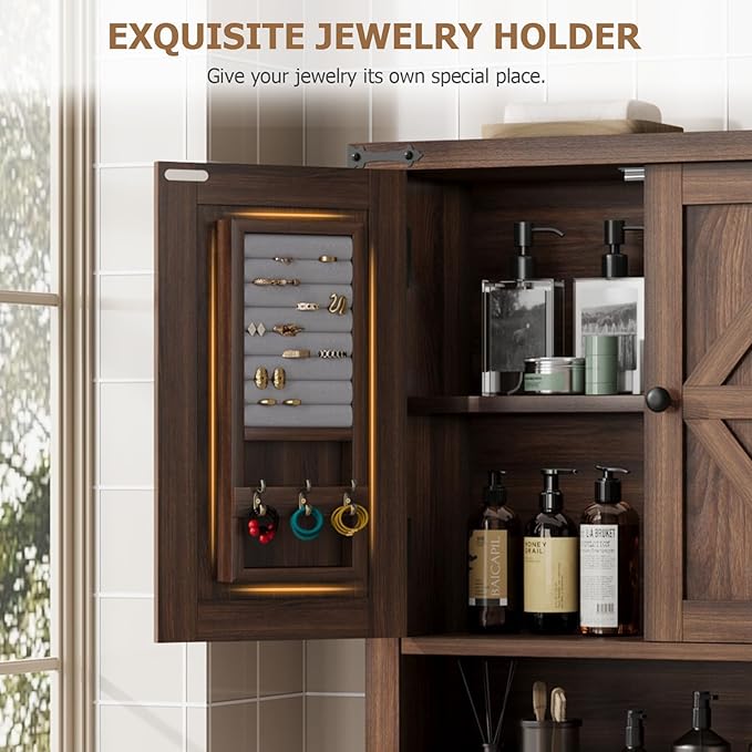 QUW Farmhouse Bathroom Wall Cabinet, Modern Medicine Cabinets with Towel Bar & Jewelry Holder, Over The Toilet Storage Cabinet with Barn Door for Laundry, Living Room, Hallway, Dark Walnut