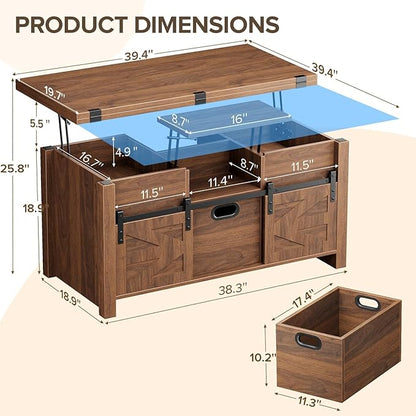 Memobarco 40" Farmhouse Lift Top Coffee Table with Sliding Barn Door,4 in 1 Multi-Function Coffee Tables with Storage Drawers & Hidden Compartment,Converts to Dining Table for Living Room,Walnut