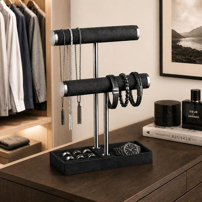 bussdis 2 Tier Bracelet Holder Display - Detachable T Bar Black Velvet Bracelet Holder, Jewelry Holder Organizer for Bracelet, Necklace, Earrings, Rings